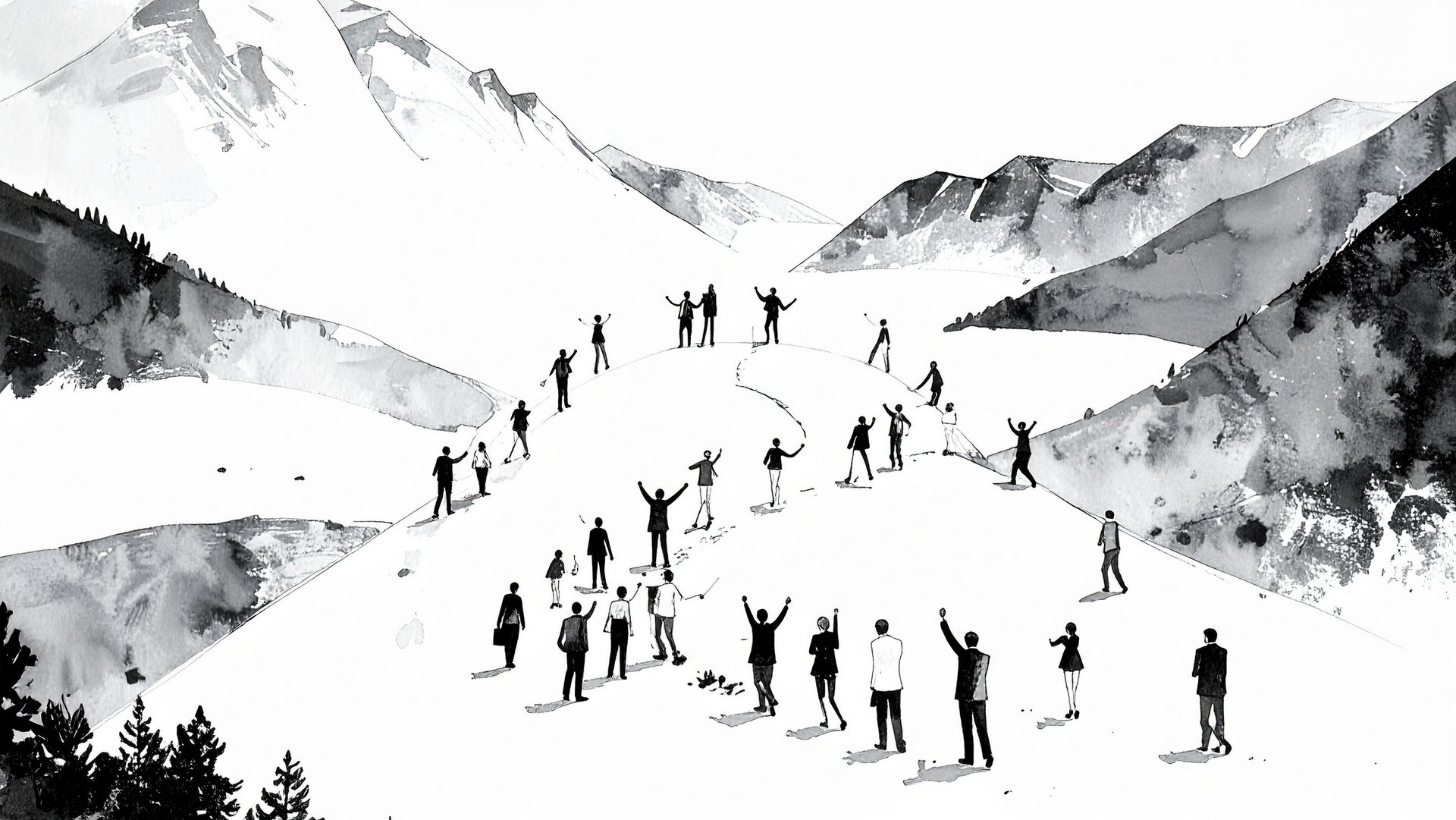 Alpenpanorama Treffen Menschen in formeller Kleidung begrüßen sich in einer malerischen Berglandschaft.
