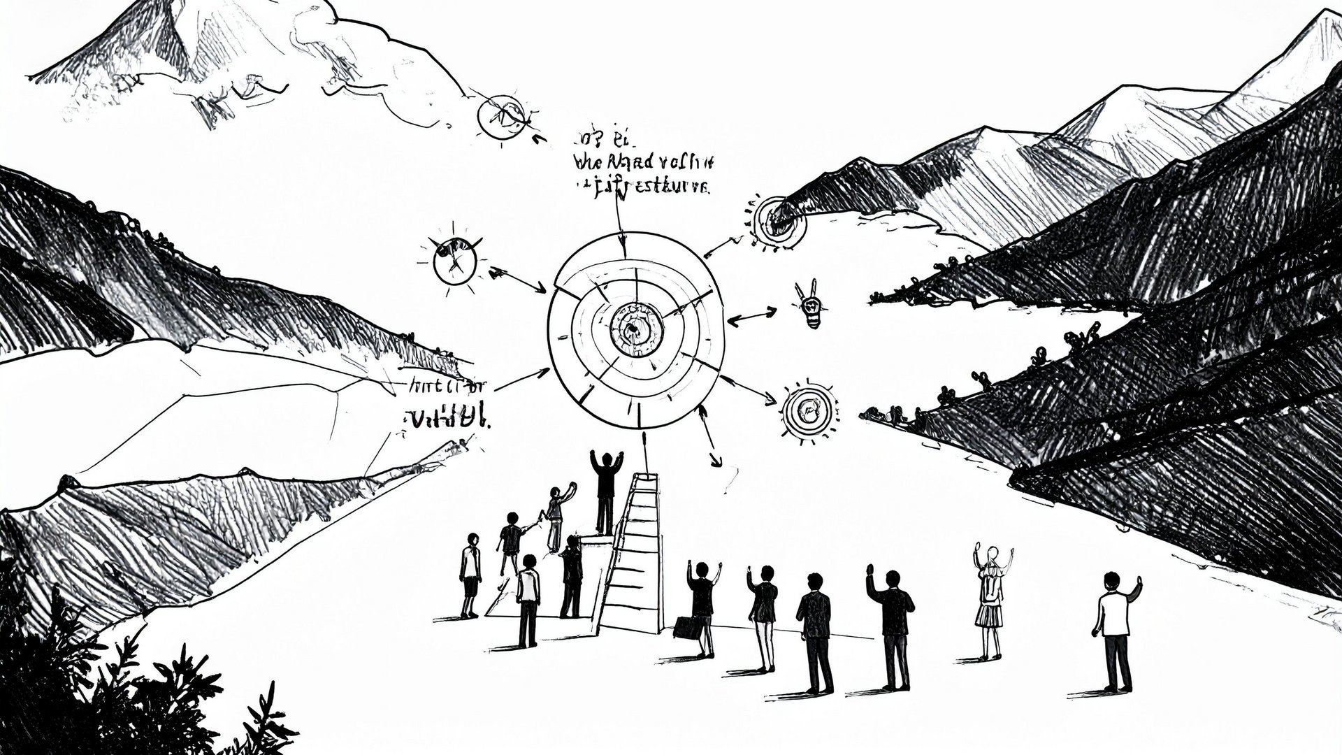 Visionäre Beratung Menschen vor einem schematischen Diagramm, das strategische Ziele in den Bergen darstellt.