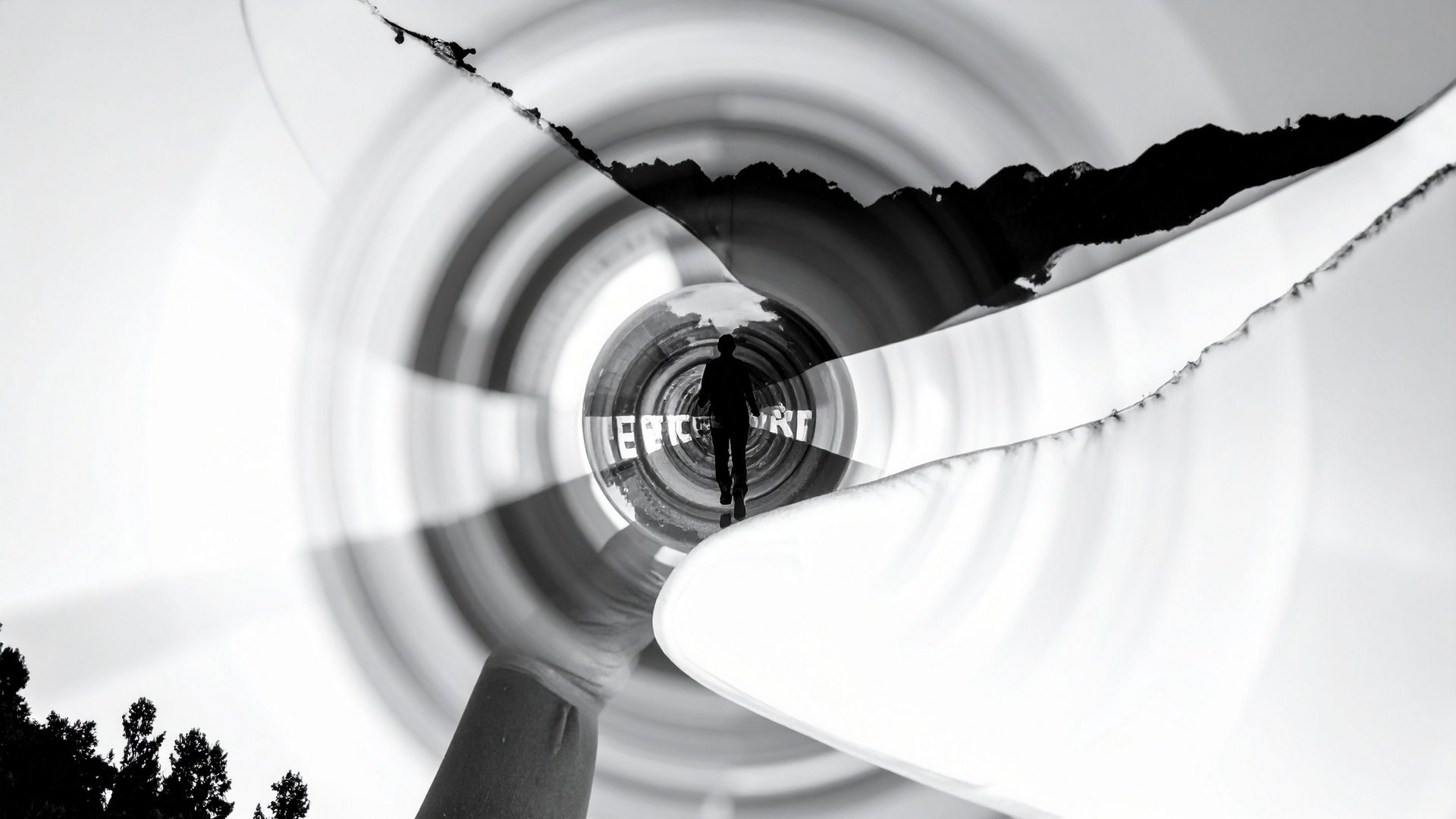 Dynamische Führungsperspektiven Schwarz-weißes Bild mit futuristischen Formen und zentraler Figur in Bewegung.