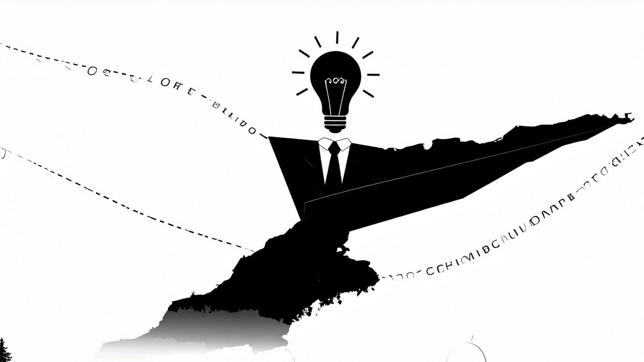 Kreativer Ideenfluss Silhouette eines Anzugträgers mit Glühbirnenkopf und fliegenden Figuren im Hintergrund.