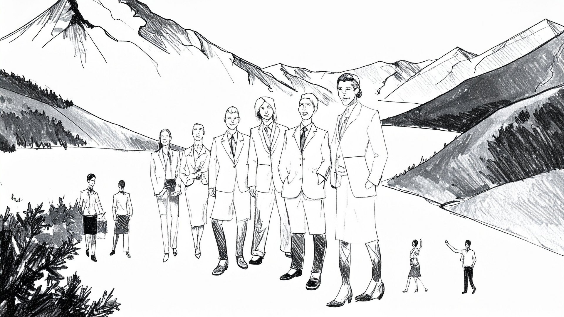 Professionelles Team Gruppe von Menschen in Anzügen vor einer malerischen Berglandschaft.
