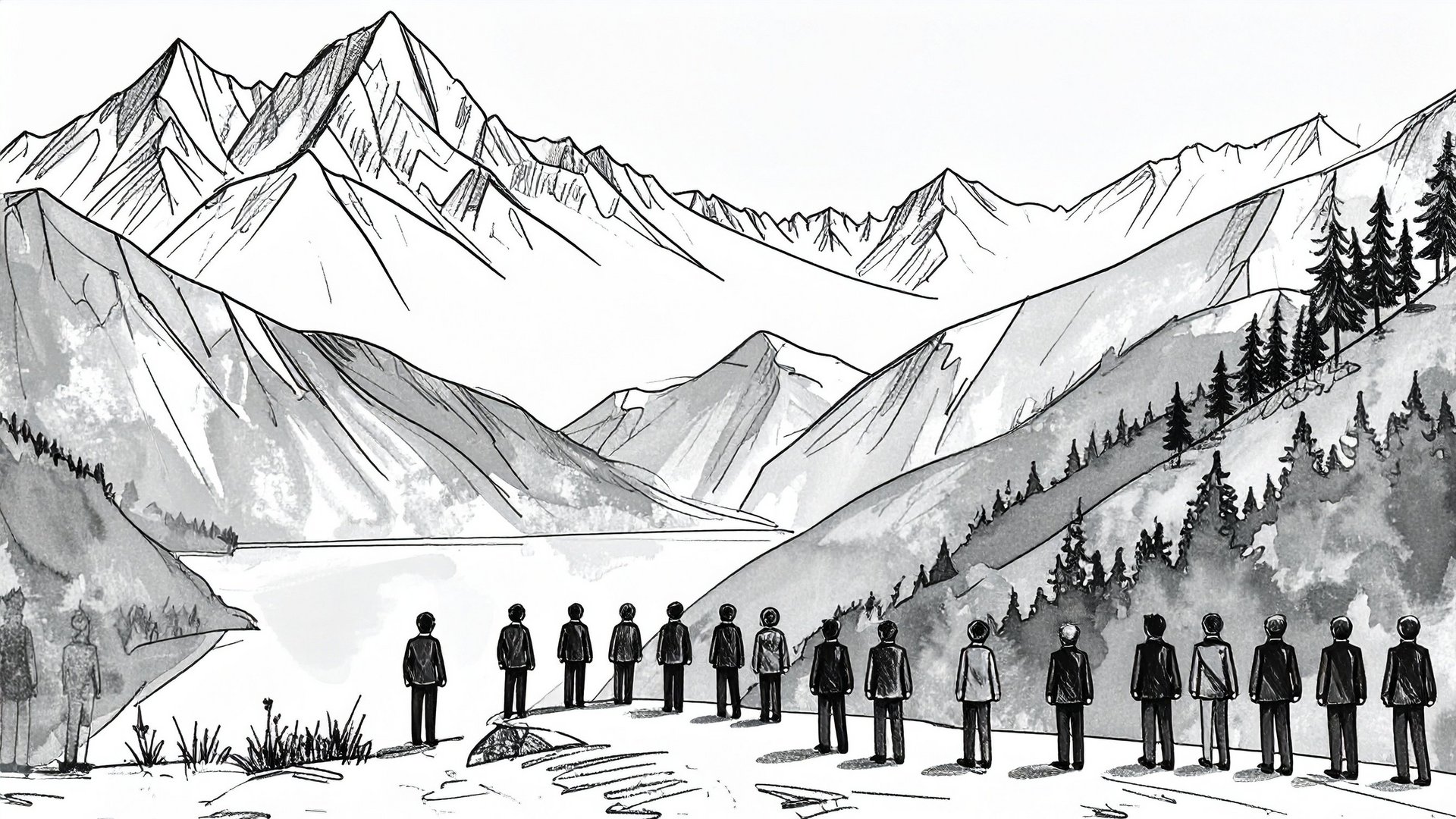 Bergpanorama mit Besuchern Menschen betrachten majestätische Berglandschaft mit tiefem Tal und bewaldeten Hängen.